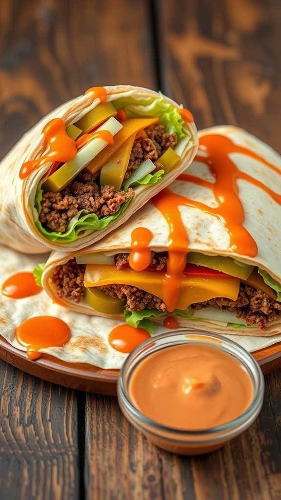 A Big Mac Tortilla Wrap filled with beef, lettuce, cheese, and pickles, served on a wooden table with dipping sauce.